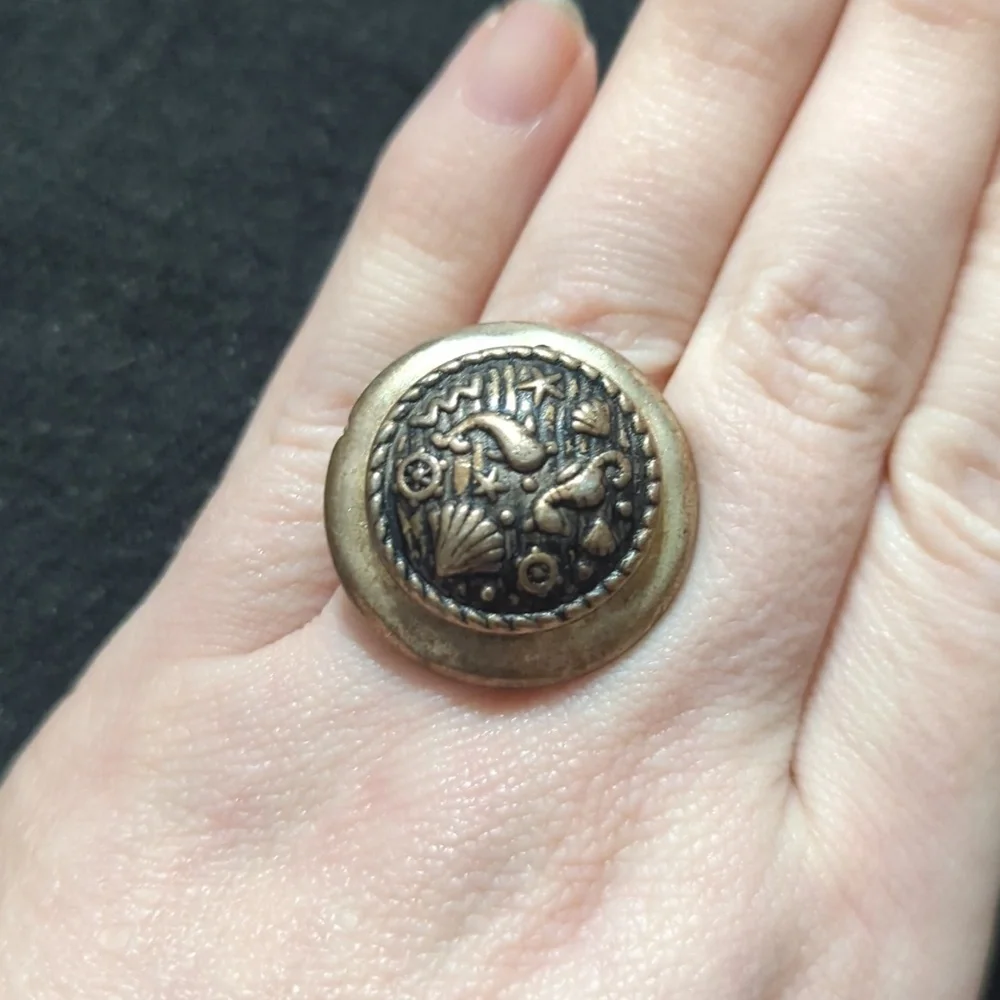 Vintage Brass Tone Round Nautical Theme Adjustable Statement Ring